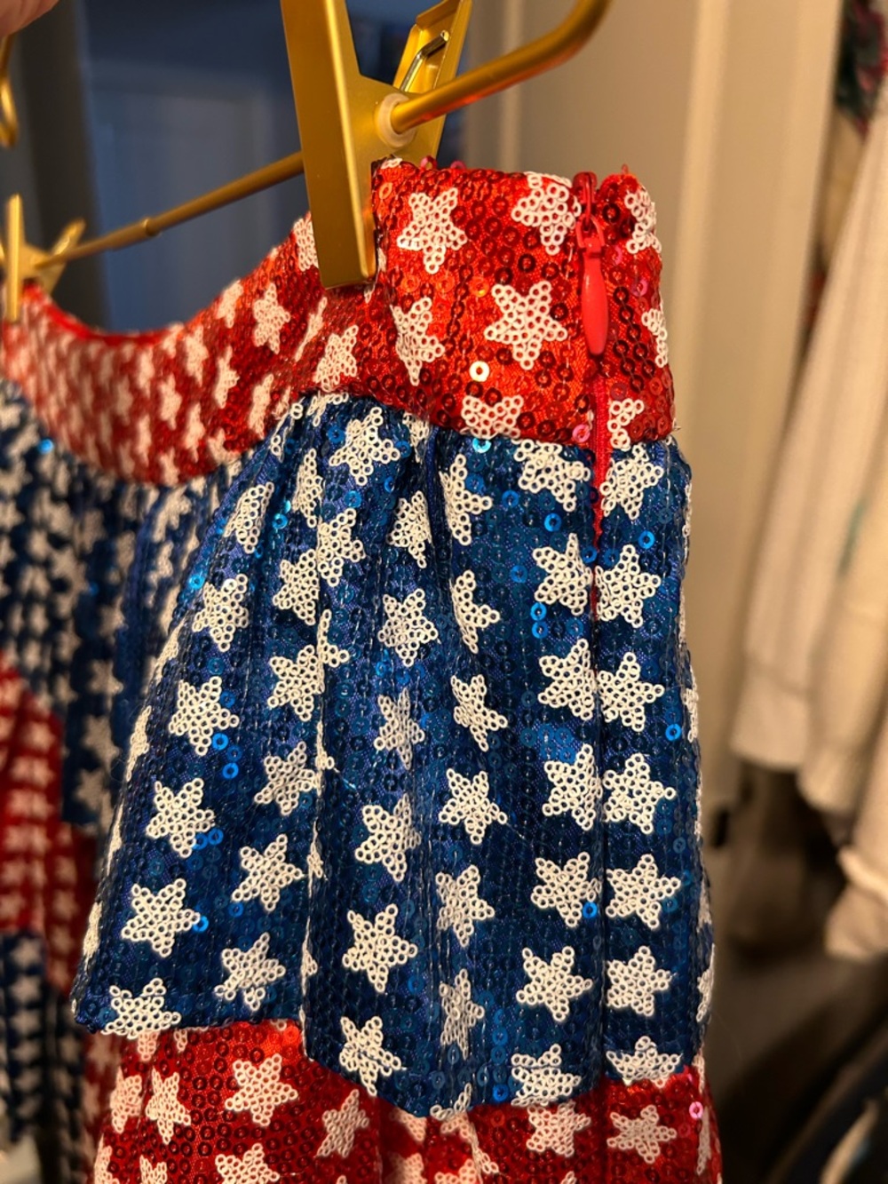 Sequin Star Print Mini Skirt in Red, White & Blue -QOS